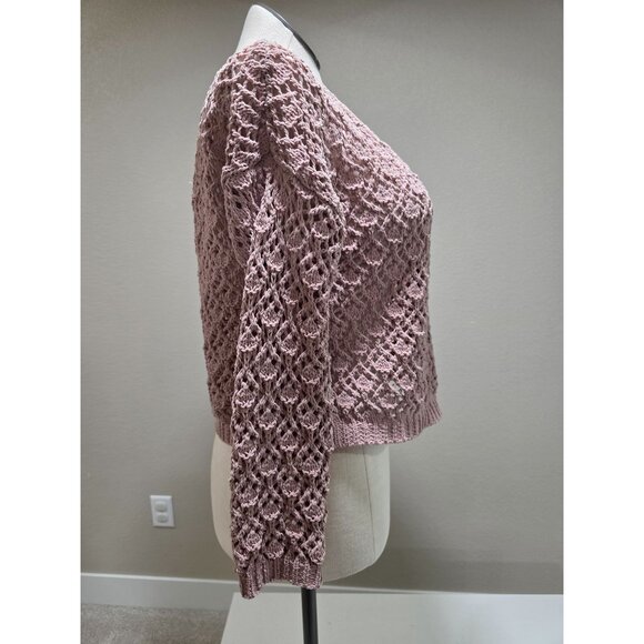 Crochet Knit Button-Up Cardigan Sweater In Mauve Pink With Long Sleeves & V-Neck - Picture 5 of 8